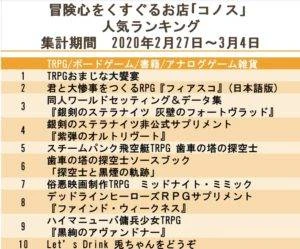 人気ランキング 集計期間 2020年2月27日～3月4日